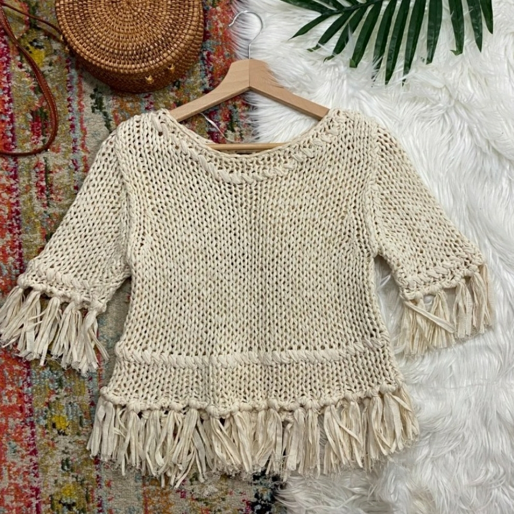 Free People Neutral Cream Off-White Boho Fringe Trim Pullover Sweater Small